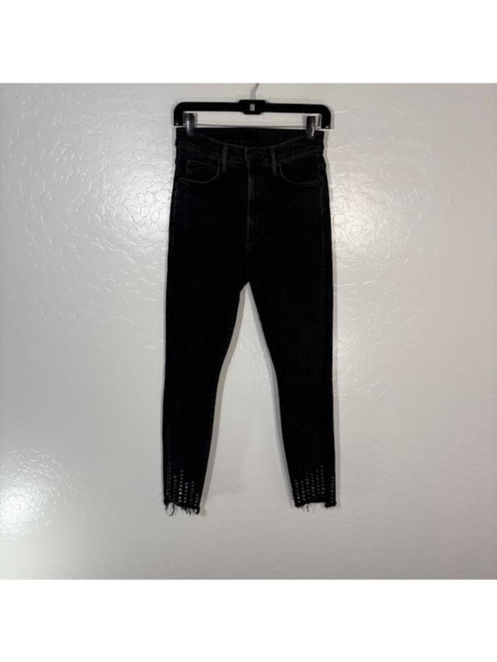 Mother Jeans Womens 26 Black The Stunner Zip Ankle Step Fray Studded Hem Skinny